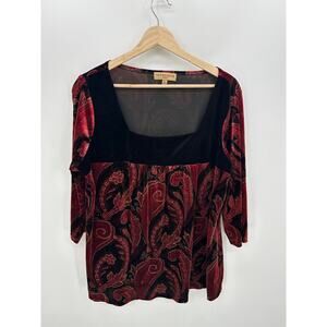Notations Red Black Paisley Velvet Top 2X Square Neck 3/4 Sleeve Whimsigoth Dark